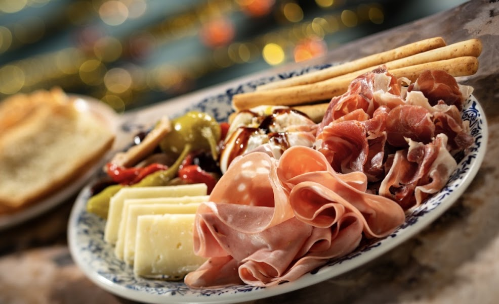 Antipasto platter with sliced meats, cheese, vegetables and breadsticks from Hurly-Burly at Disney's BoardWalk.