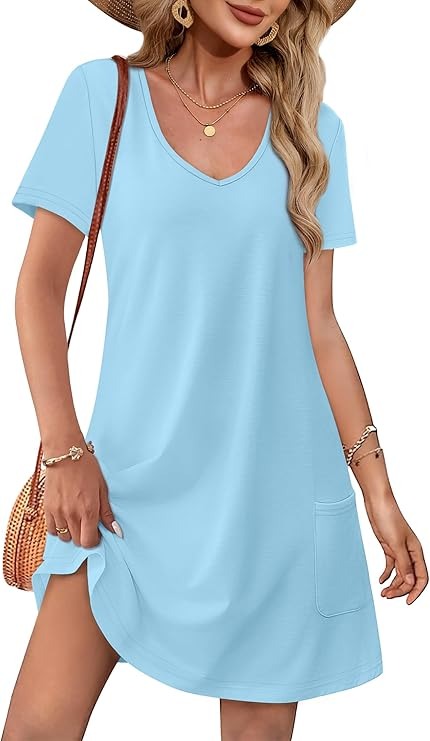 Light Blue V-Neck Pocket T-Shirt Dress
