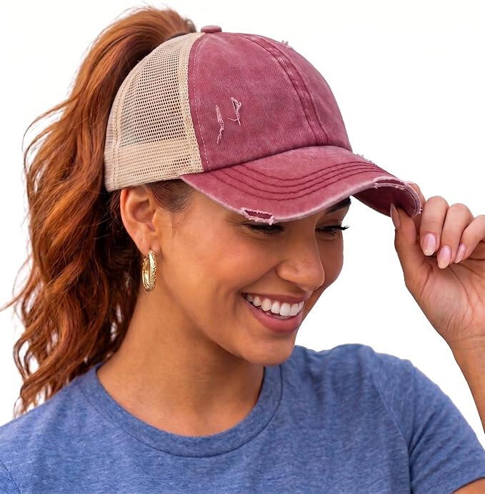 Distressed Maroon Ponytail Trucker Hat