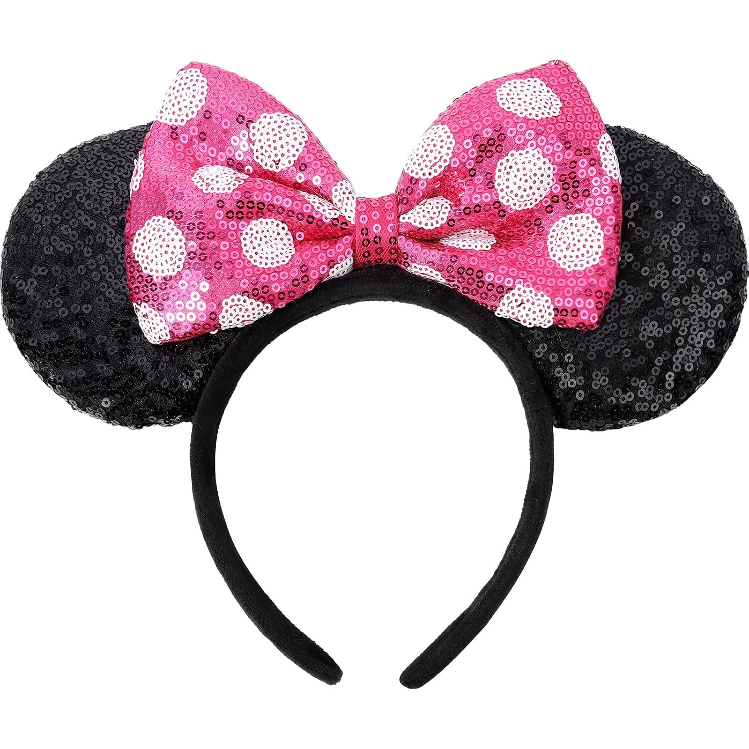 Black Sequin Minnie Ears Headband with Pink Polka Dot Bow