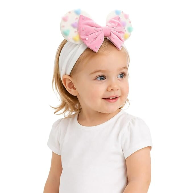 Pastel Pearl Mickey Bow Baby Headband, Pink