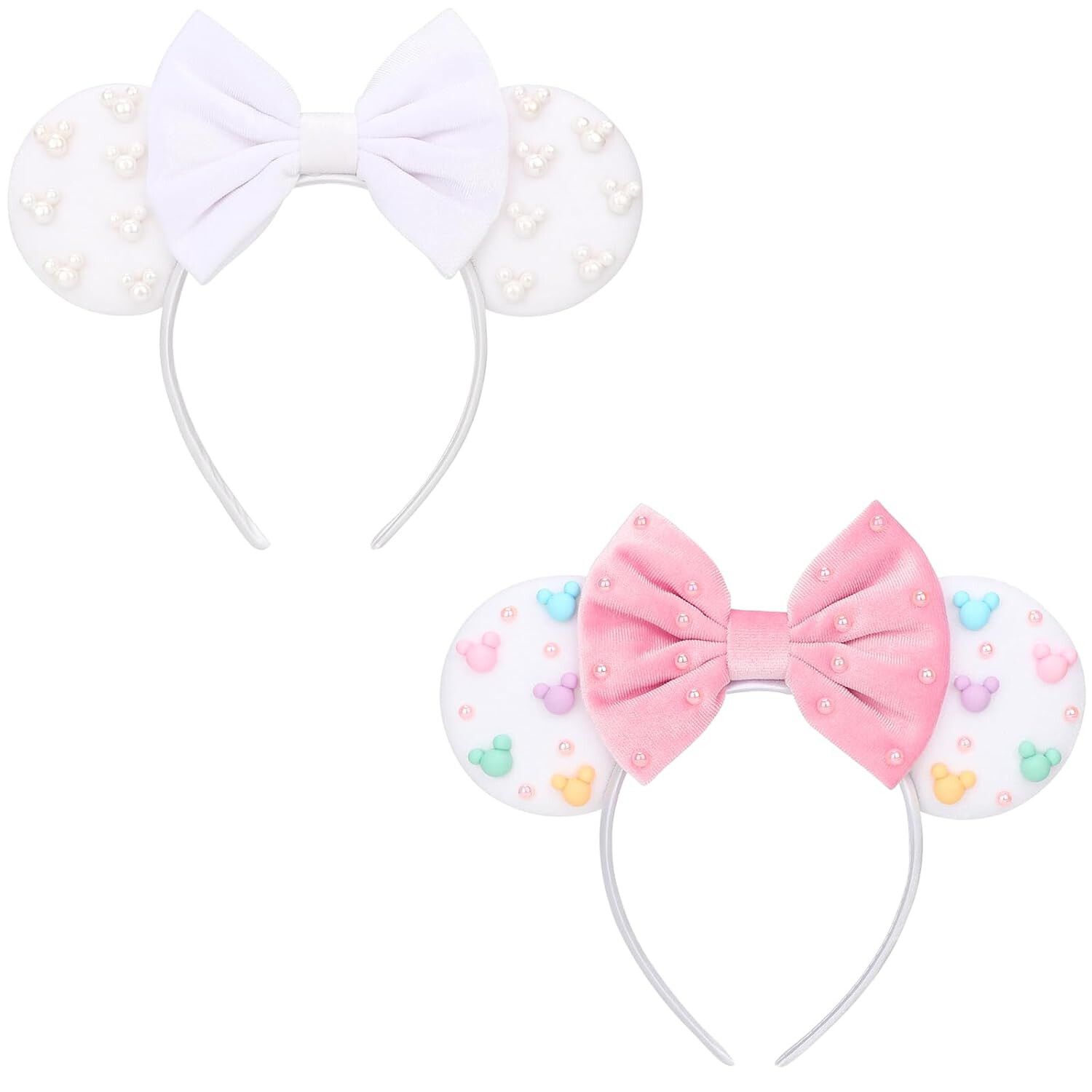Pearl Bow Ears Headband Set, White and Pink