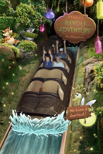 Vanessa, Troy, Seth and Grandma Trudy riding Tiana’s Bayou Adventure at Magic Kingdom with the attraction sign and Disney PhotoPass ride effects visible.