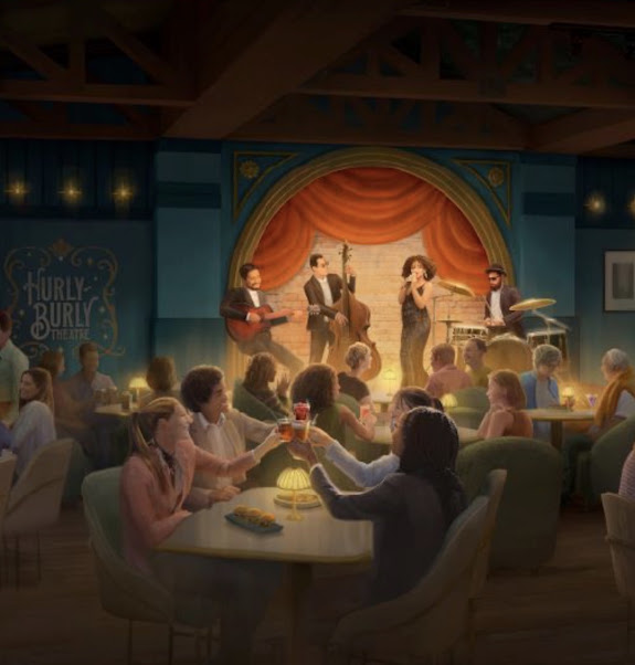 Artist rendering of guests dining while a live band performs inside Hurly-Burly at Disney's BoardWalk.