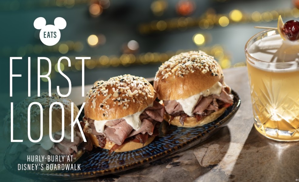 First Look-Roast beef sliders served beside a specialty cocktail from Hurly-Burly at Disney's BoardWalk.