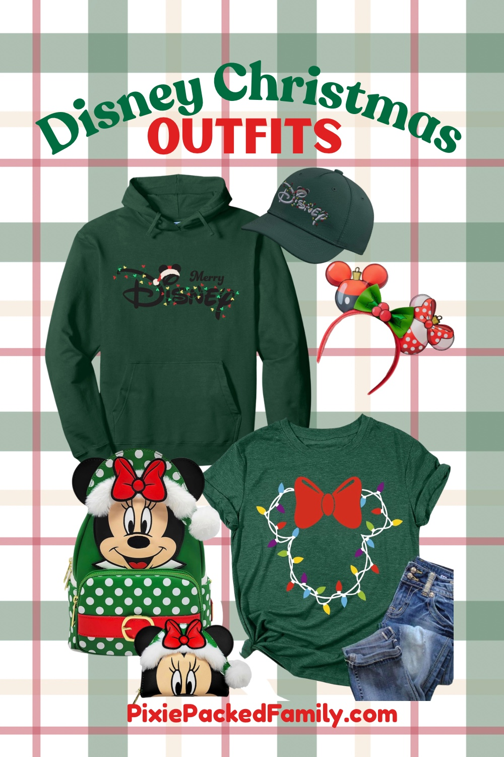 Disney Christmas outfit collage with green holiday apparel, Minnie Mouse accessories, denim shorts, and festive park-ready pieces.