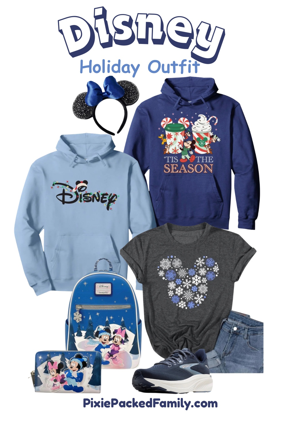 Women’s Disney holiday outfit collage with blue Christmas hoodies, Mickey snowflake T-shirt, Minnie ears, winter Loungefly backpack, denim shorts, and sneakers.