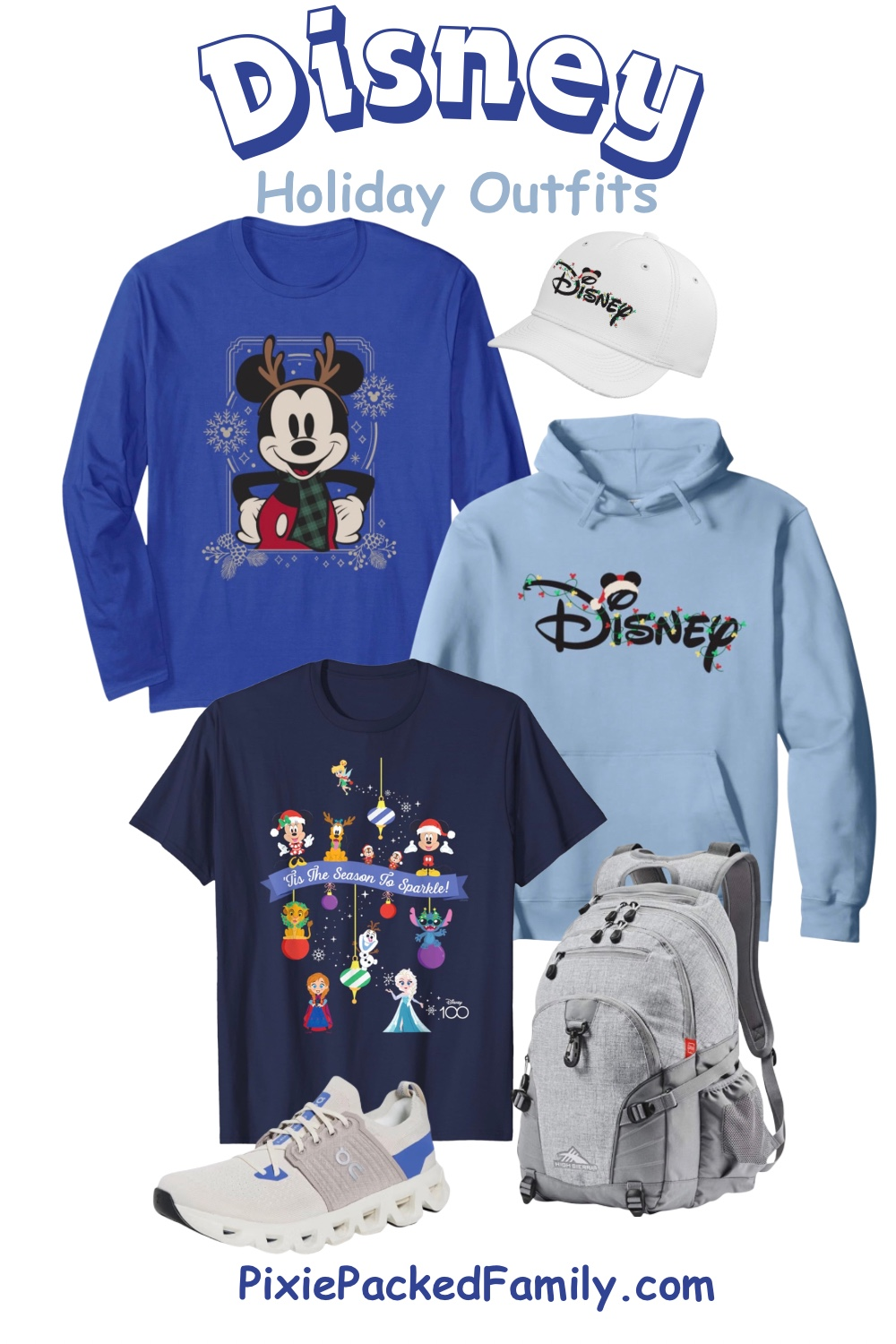 Men’s Disney holiday outfit collage with blue Christmas shirts and hoodie, white Disney cap, gray backpack, and white-and-blue sneakers.
