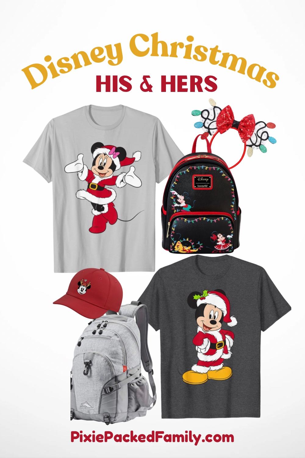 Disney Christmas his and hers outfit ideas featuring festive Minnie and Mickey shirts, holiday accessories, backpacks, and park-ready outfit inspiration.