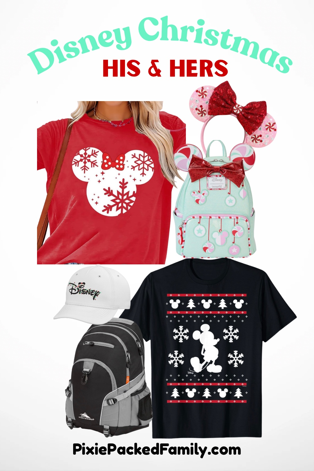 Disney Christmas his and hers holiday outfit ideas featuring a red Minnie snowflake shirt, black Mickey Christmas shirt, festive Minnie ears, and park bags.