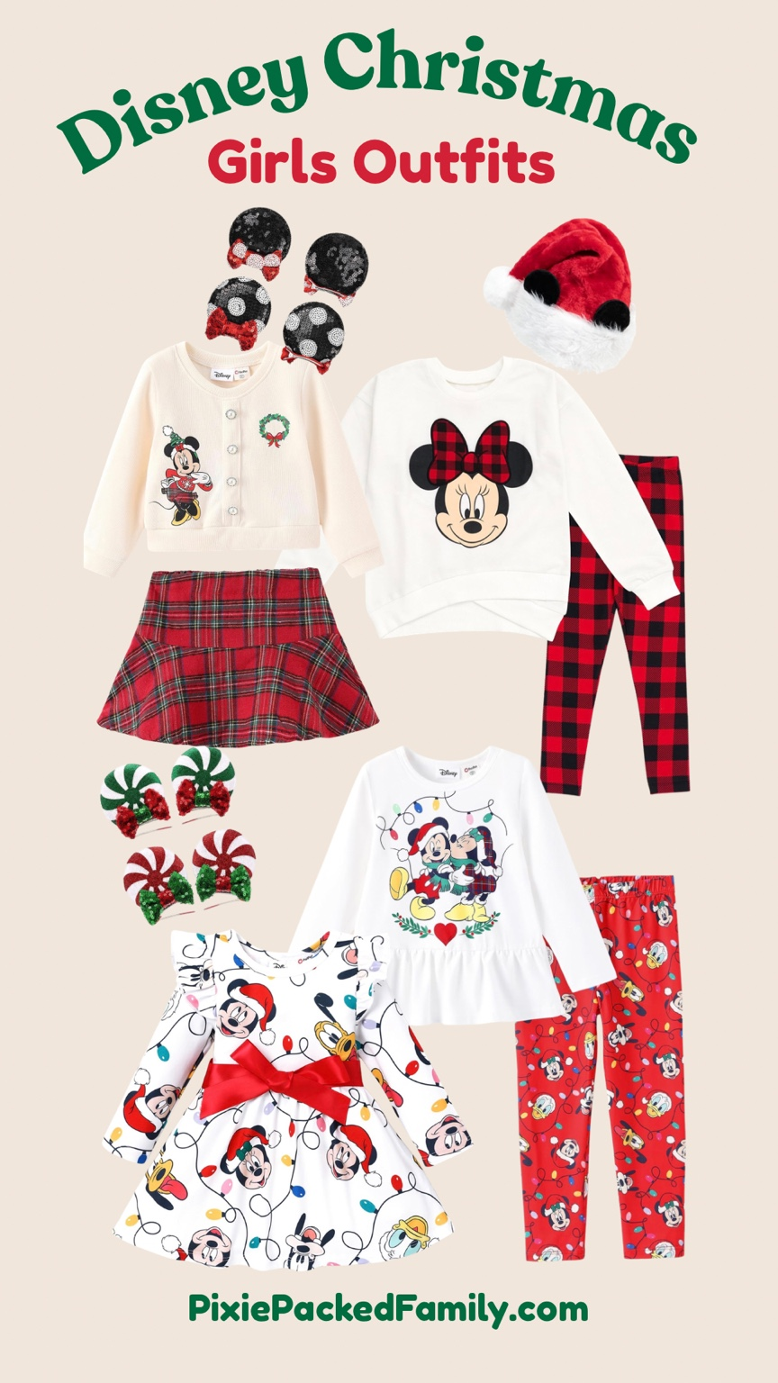 Disney Christmas outfit ideas for girls featuring festive Minnie and Mickey sweaters, plaid skirts and leggings, holiday dresses, Christmas ears, and a Santa hat.