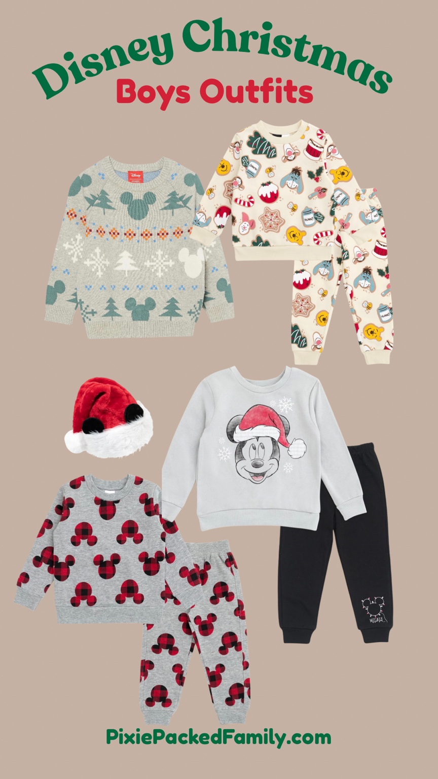 Disney Christmas outfit ideas for boys featuring festive Mickey sweaters, holiday pajama sets, black joggers, and a Mickey Santa hat.