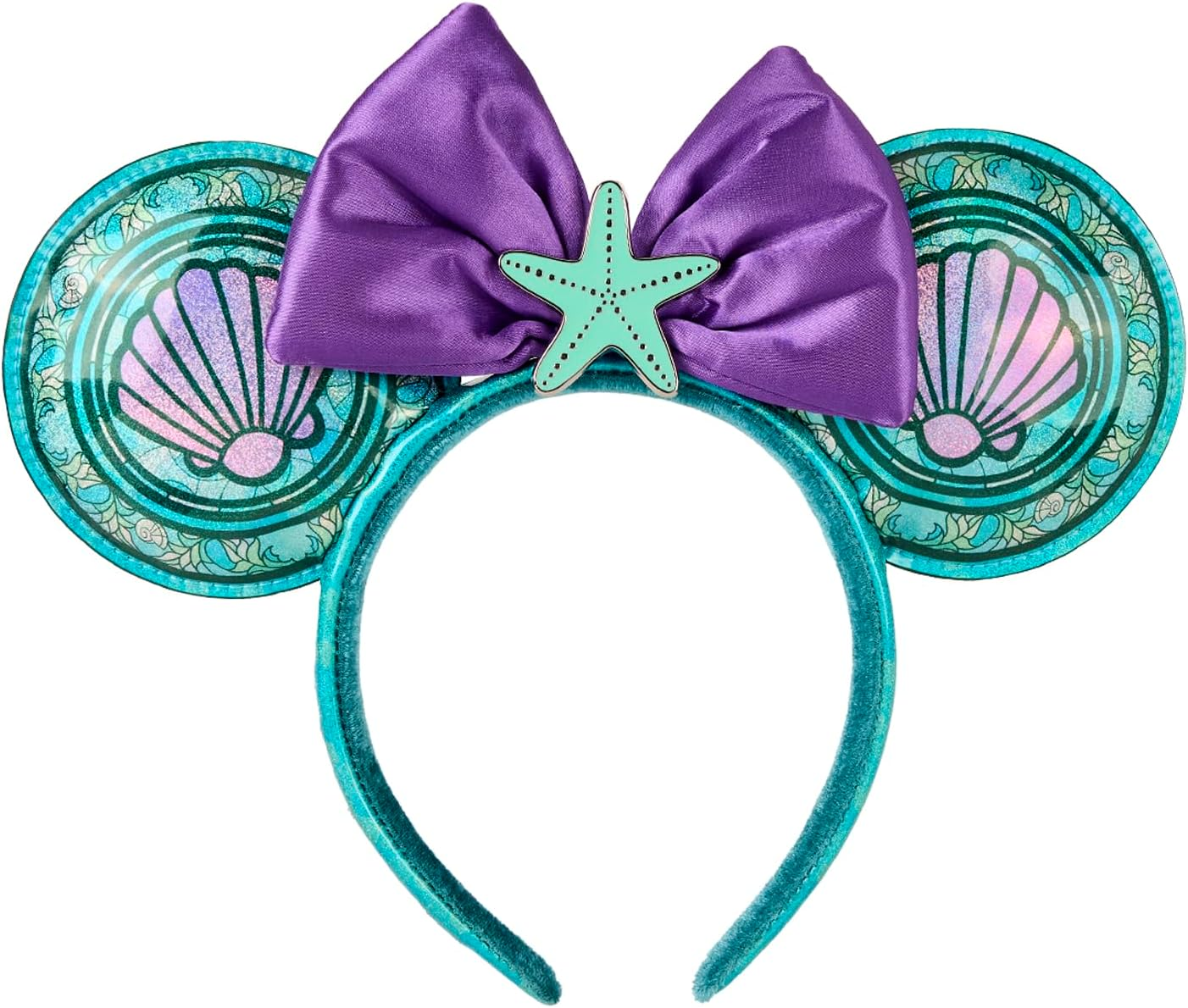 Disney's The Little Mermaid, this headband with ears features a beautiful Ariel-themed stained glass motif