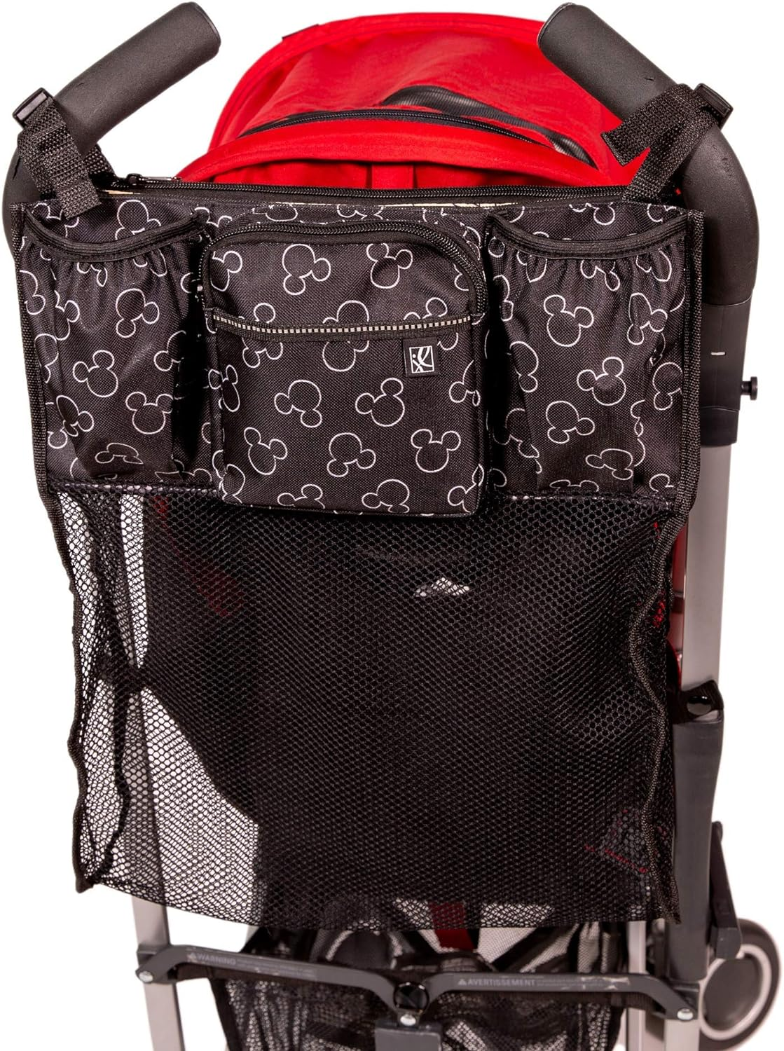Disney Baby Cups N Cargo Stroller Organizer & Caddy, Mickey heads and ears, black, mesh| Essential baby travel accessory with cup holders, large mesh storage pocket