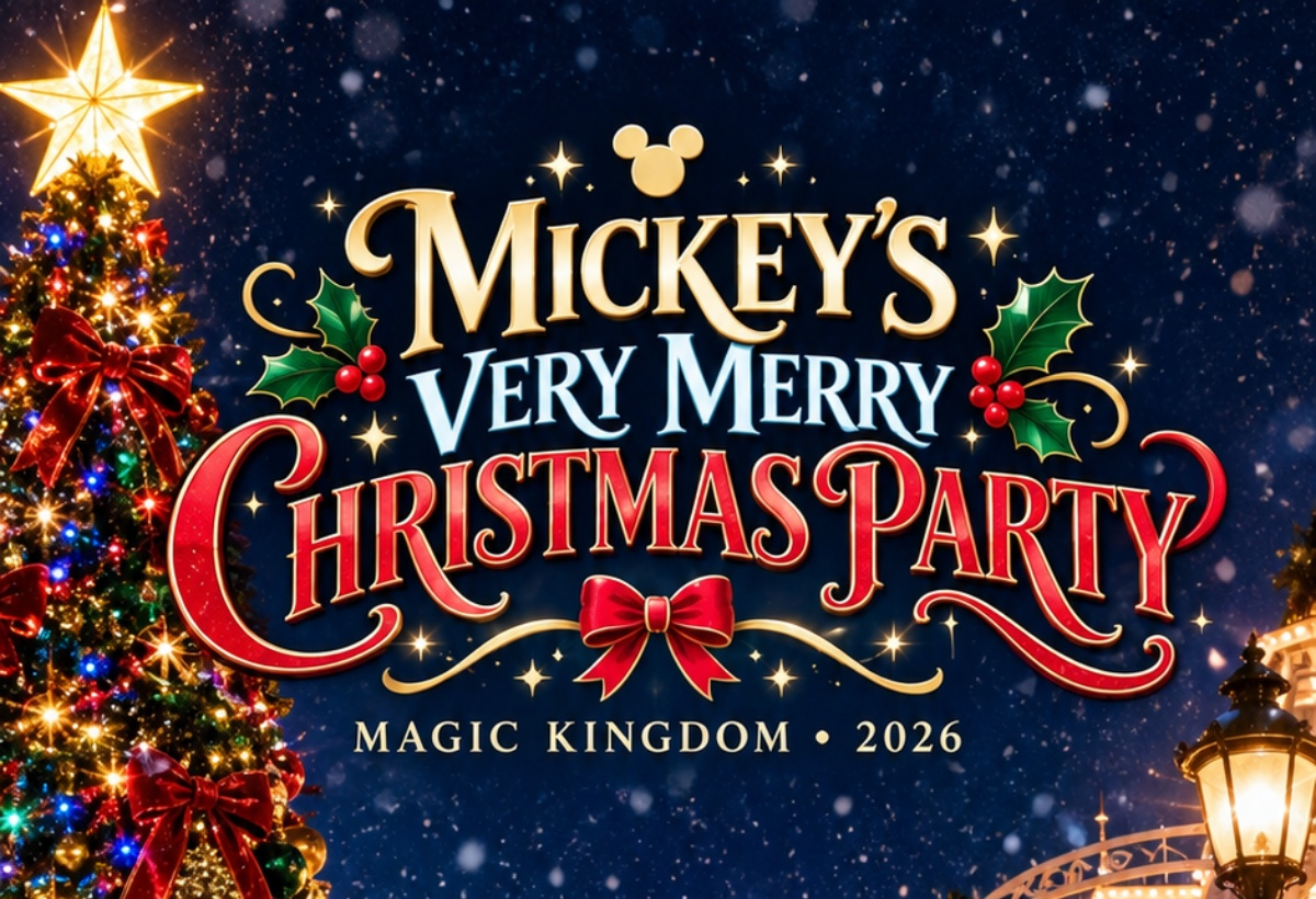 Mickey’s Very Merry Christmas Party 2026 artwork featuring a glowing Christmas tree, festive lights and a blue-lit fairytale castle at night.