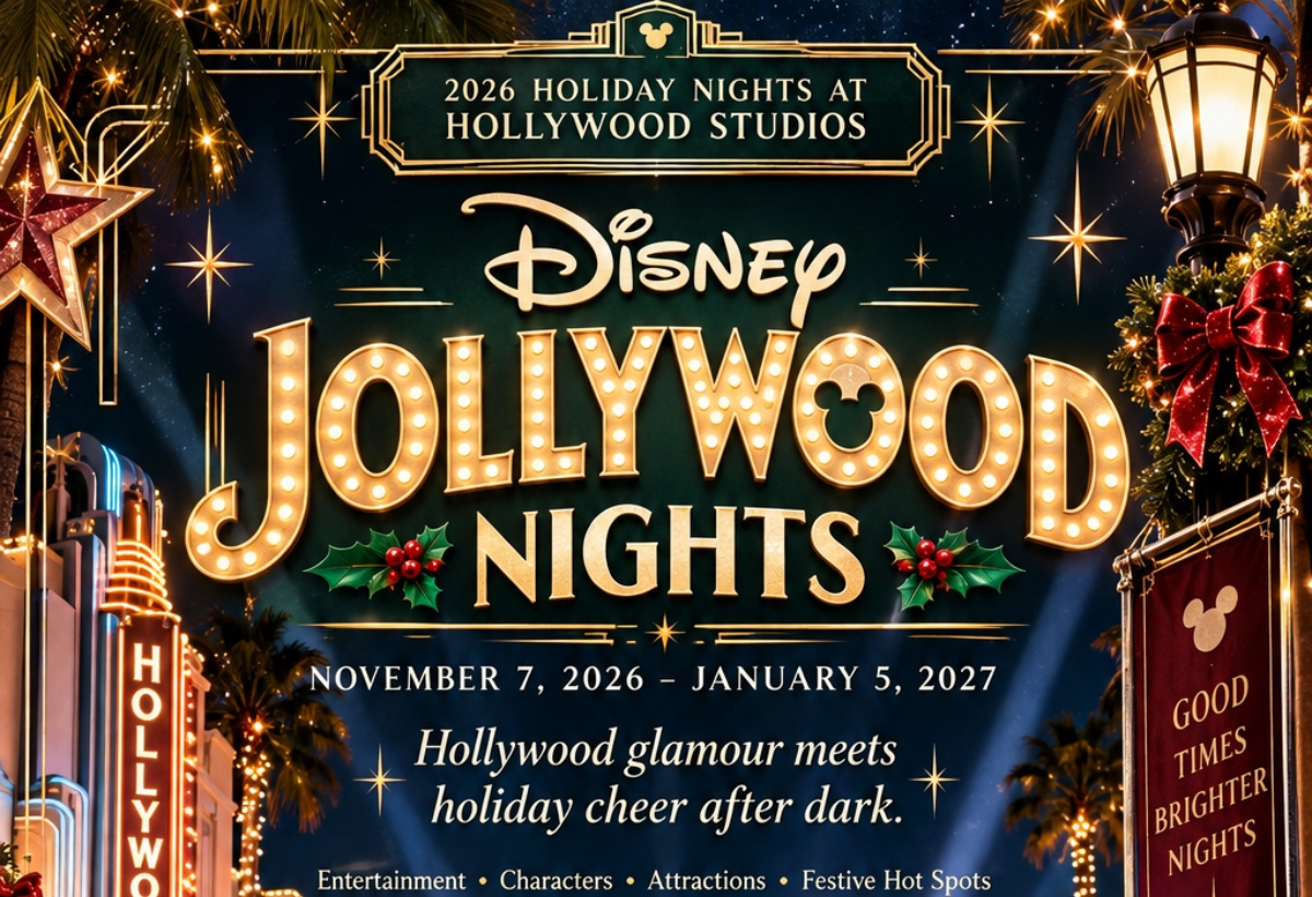 Disney Jollywood Nights holiday scene with Hollywood lights, red carpet, Christmas decorations and The Pixie Packed Family branding.