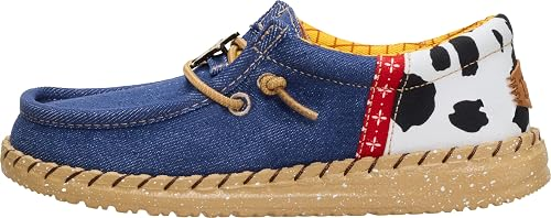 Denim upper with cow print heel brings sheriff woody inspired style, elastic laces with sheriff woody buckle and badge charms