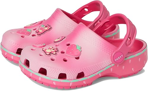 wavy pink upper and heel strap hold playful character and strawberry Jibbitz charms,