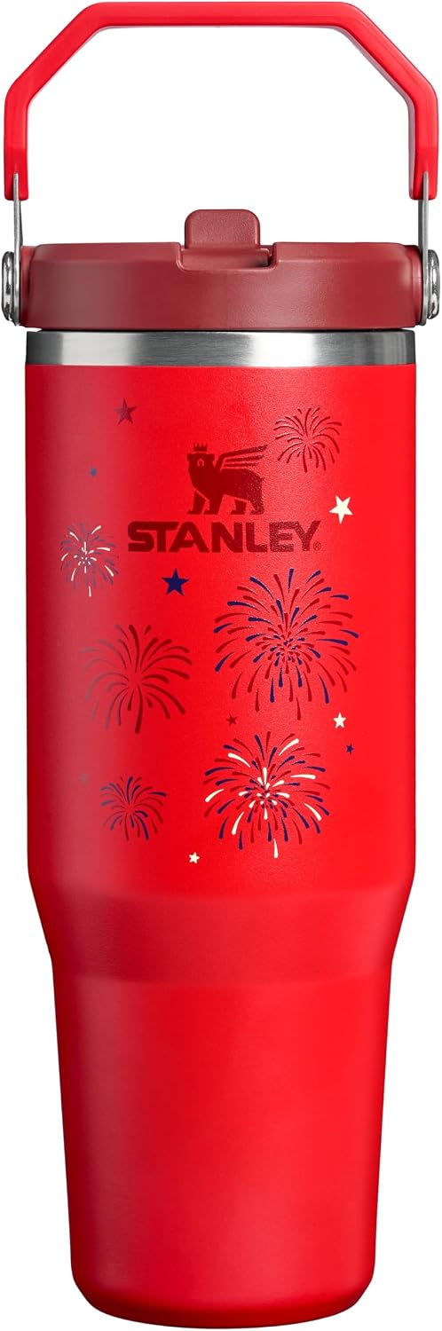 red tumbler with screw on lid fireworks graphics