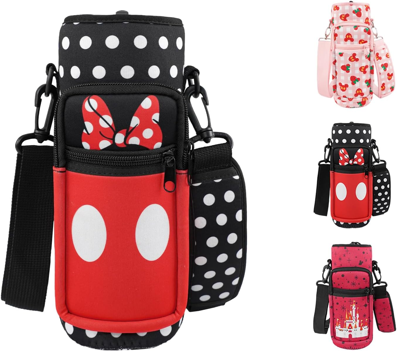 insulated water bottle holder with 4 different designs shown