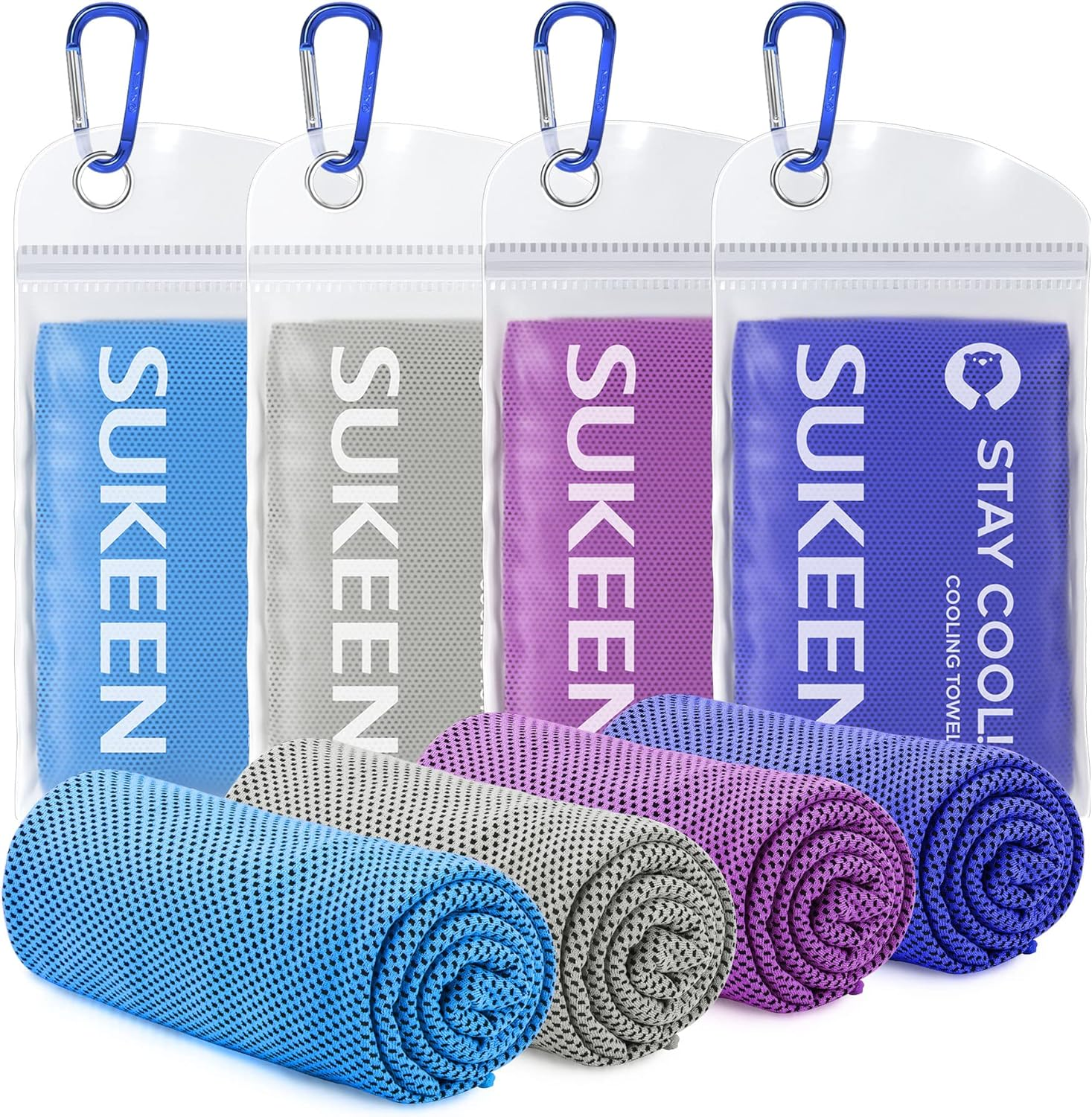 4 cooling towels with storage pouches and carabiner clips