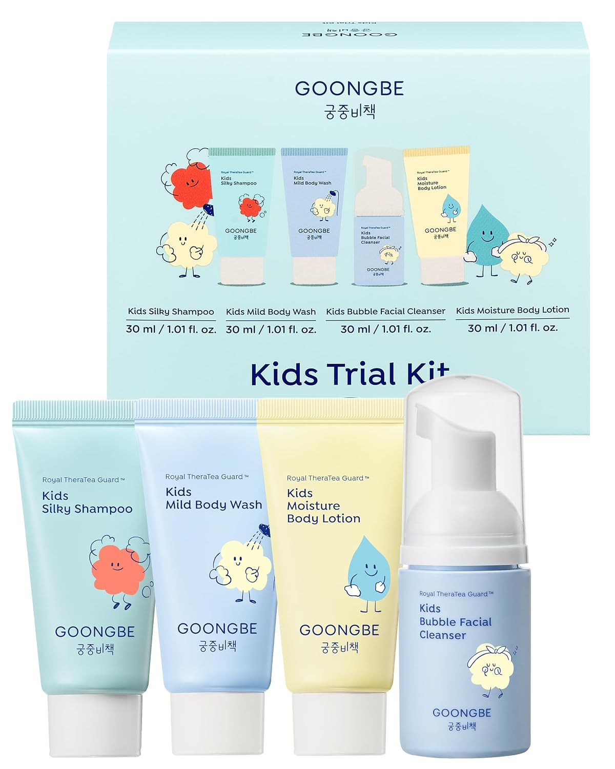 Kids Travel Toiletry Set, 4 Piece Hair Face & Body Minis setting in front of the box