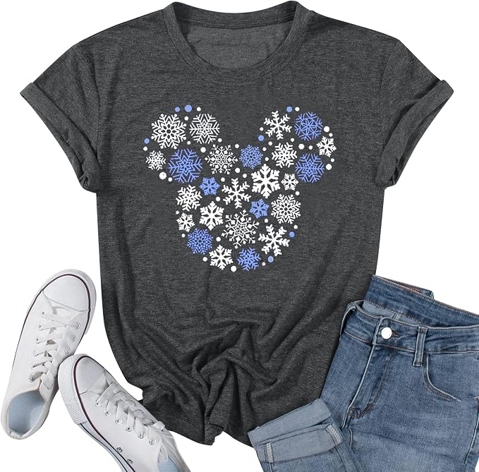 grey shirt with mickey head shaped out of snowflakes