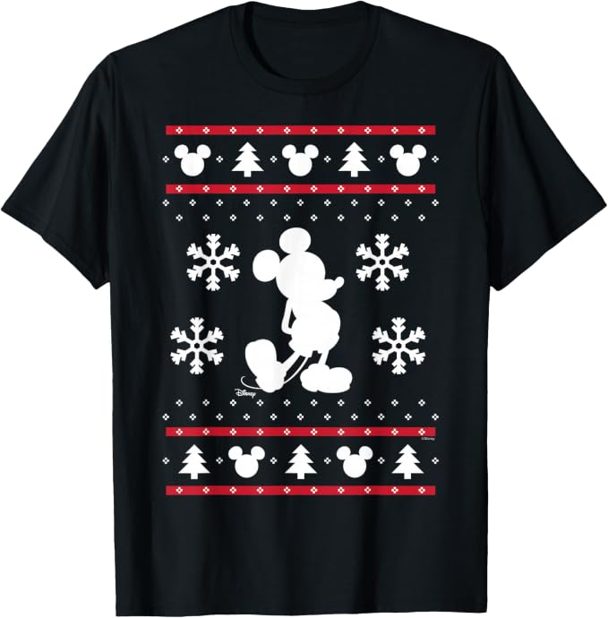 Black T shirt with Mickey outline, snowflake and Christmas trees