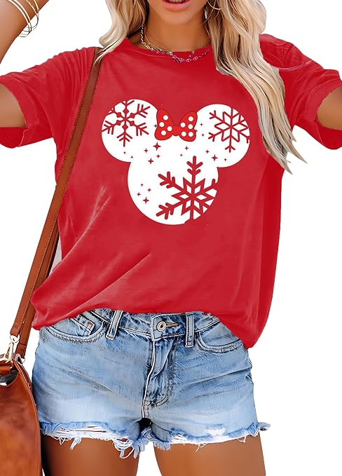 Red Minnie Mouse head outline with snowflake and bow shirt