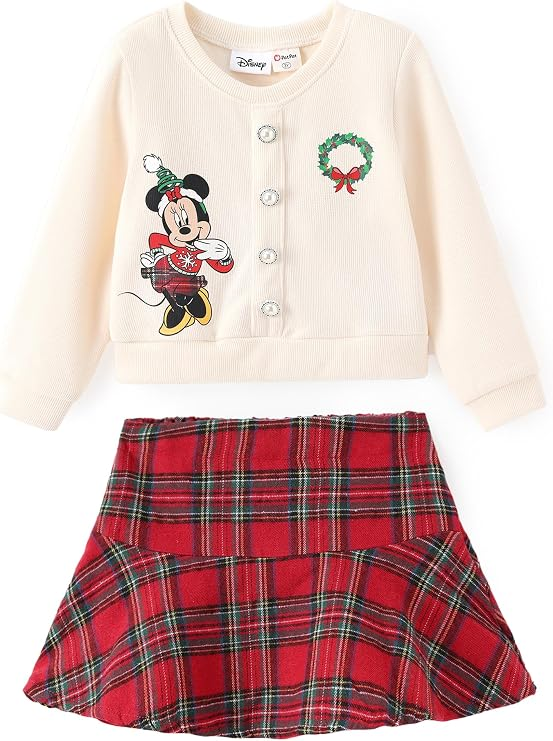 button up Christmas Minnie sweater with red plaid skirt