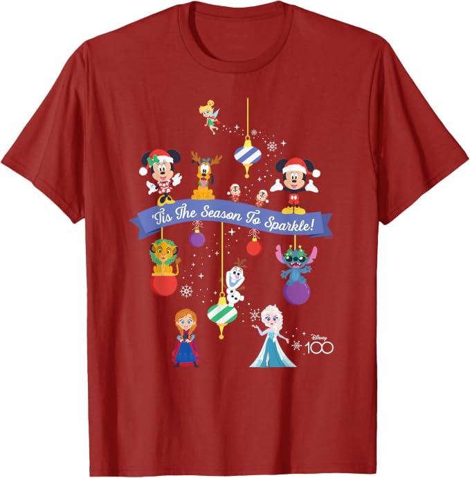 red Disney characters hanging on ornaments Disney 100 Christmas Holiday ‘Tis the Season to Sparkle! T-Shirt