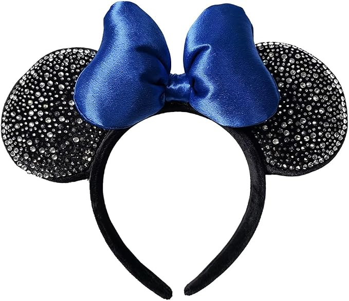 Black, crystal beads, blue bow Handmade Ears Headband, Mouse Ears