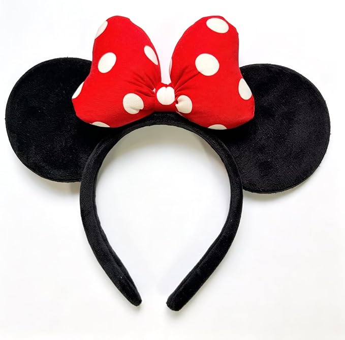 black Handmade Ears Headband, Mouse Ears with red and white polka dot bow