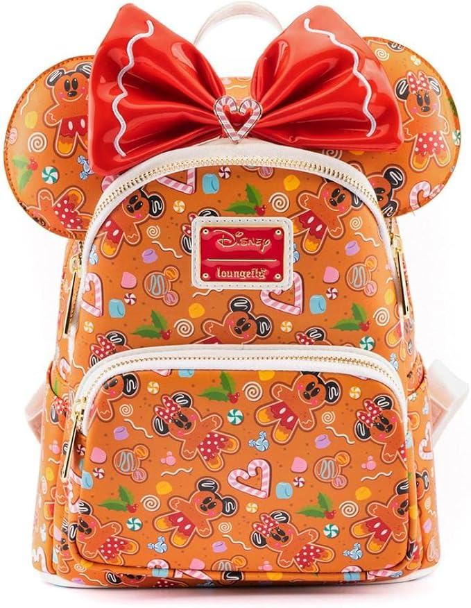 Loungefly Disney Gingerbread Mickey and Minnie, red bow, candy cane Holiday Backpack