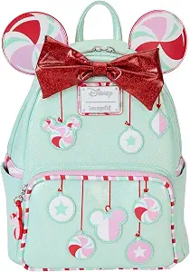 light green and red Loungefly Disney Minnie Holiday Peppermint Ornaments Mini Backpack