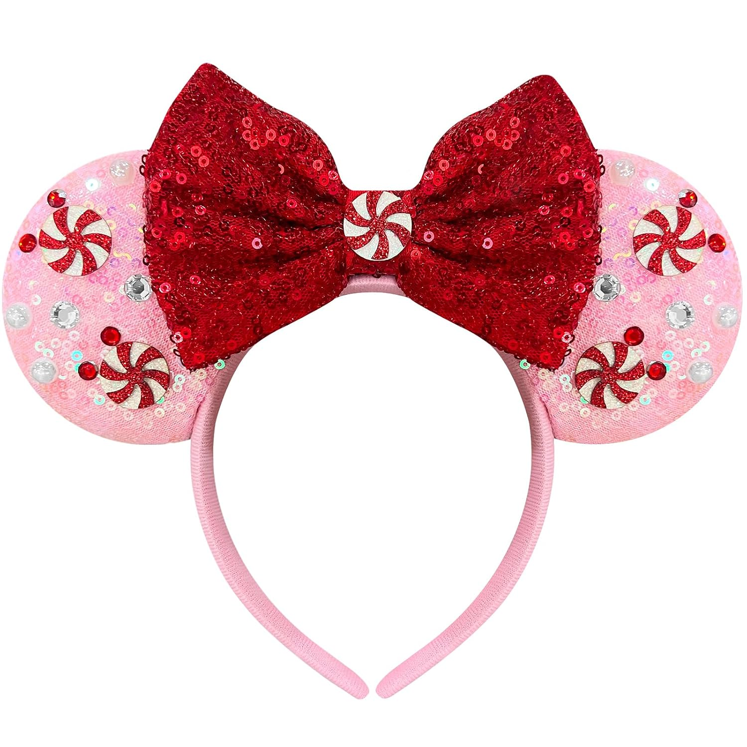 Pink Christmas Mouse Ears Headband for Women Red Bows Spiral Beads