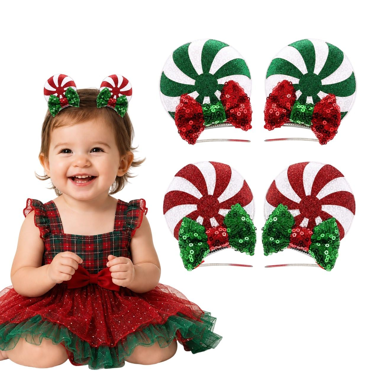 Red, green, white peppermint swirl Mouse Ear Clips with Glittering Sequin Bow 2 Pairs