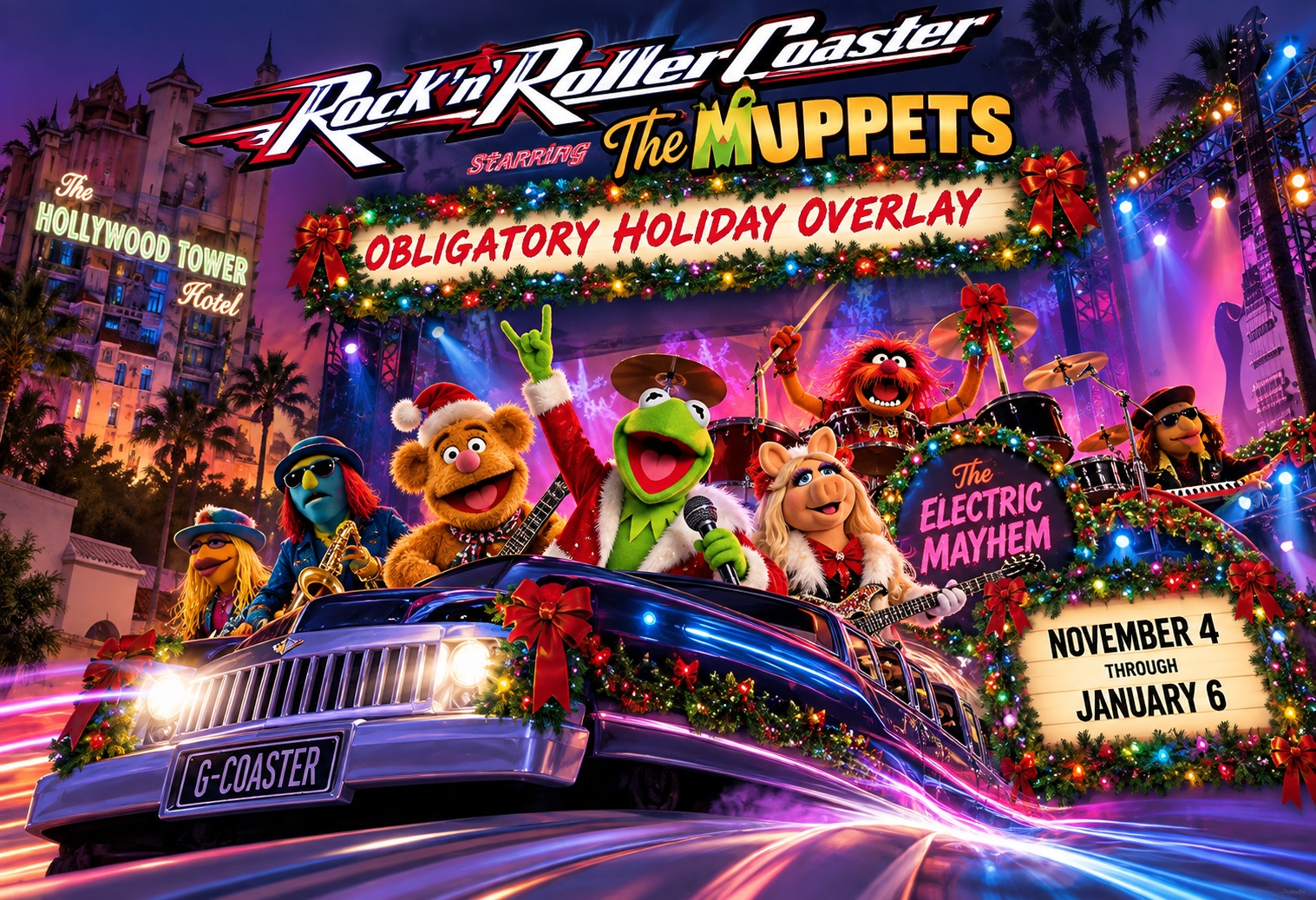 Festive illustrated scene featuring Kermit the Frog, Miss Piggy, and the Electric Mayhem celebrating the holiday overlay at Rock 'n' Roller Coaster Starring The Muppets.