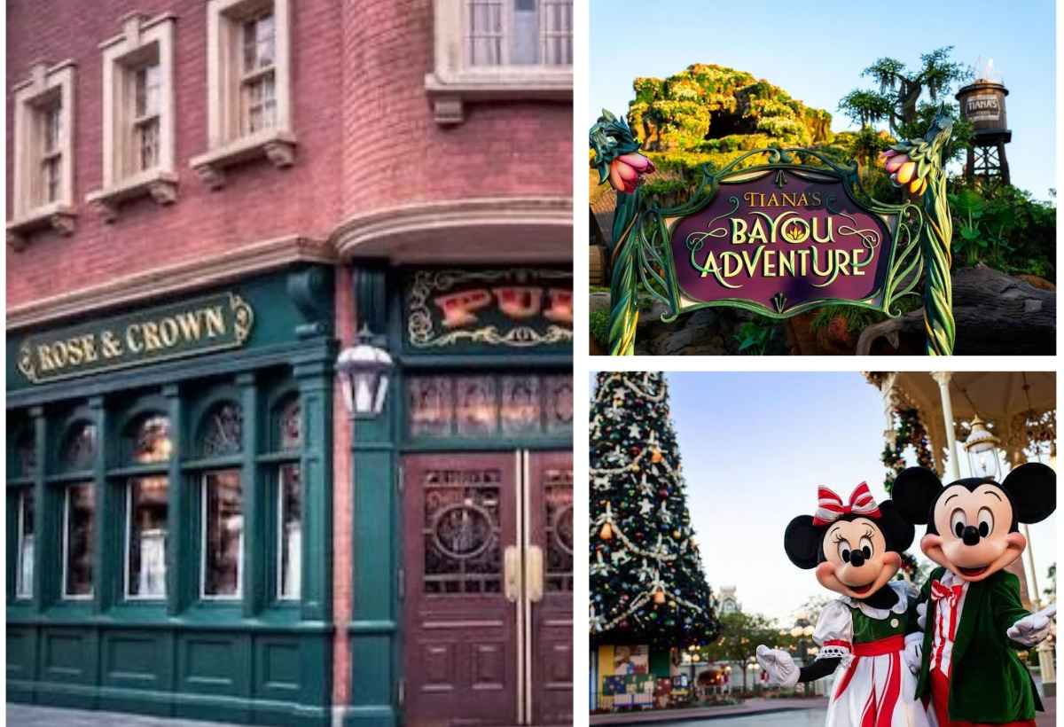 Walt Disney World news collage featuring Rose & Crown Pub at EPCOT, Tiana's Bayou Adventure at Magic Kingdom, and Mickey and Minnie Mouse dressed for Christmas.