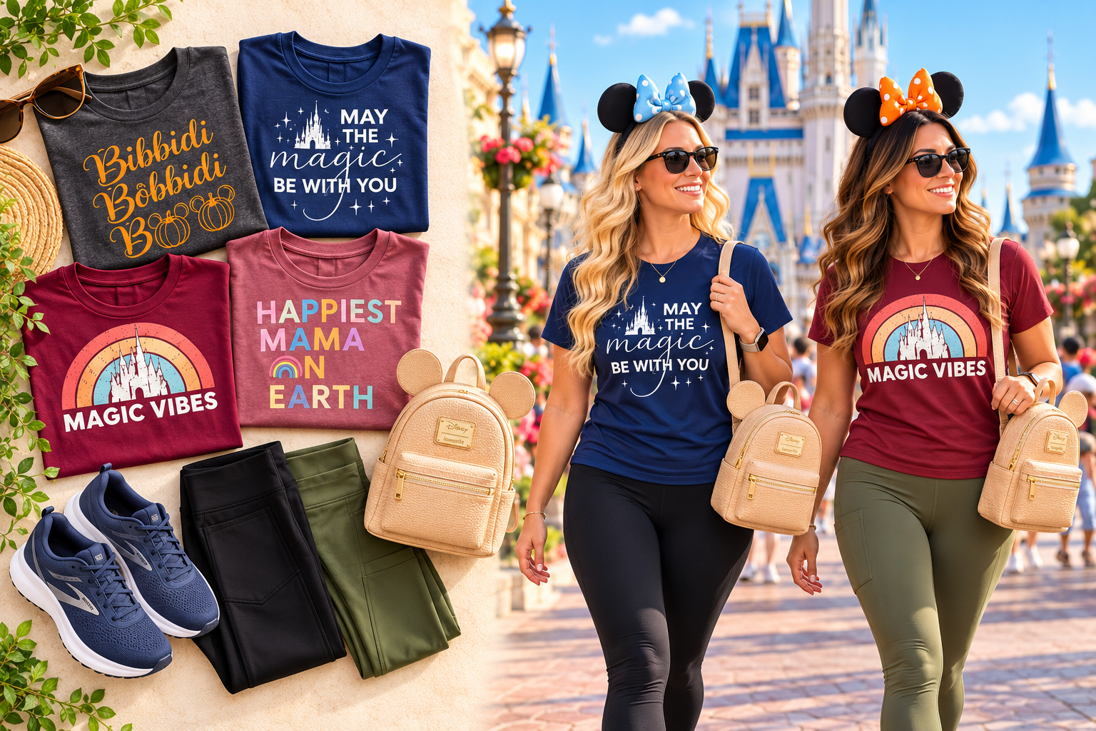 Mix • Match • Reuse Disney vacation outfit inspiration featuring coordinated Disney shirts and versatile wardrobe pieces.