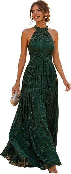 Stretch and glitter fabric, sleeveless, halter, floor length, a-line,padded, with lining, concealed zipper up the back, ruched waistband