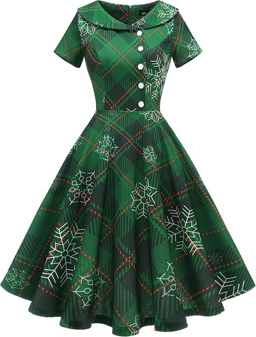 Peter Pan collar, short sleeves, knee-length, concealed zipper at back, decorative white buttons on the bust. green plaid, Christmas snowflake