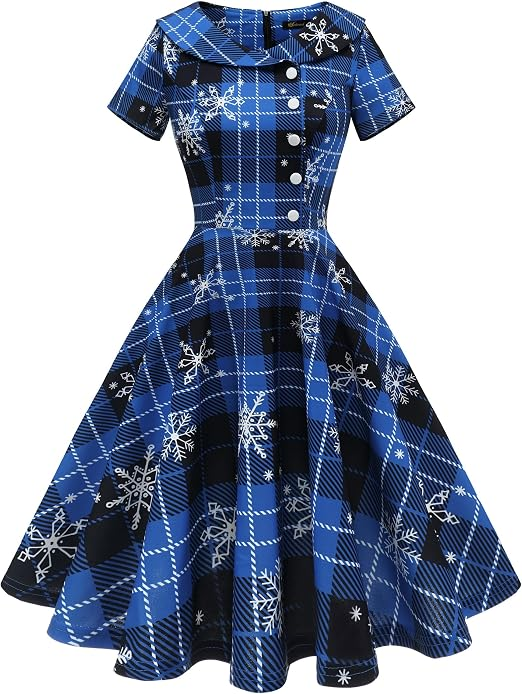 Peter Pan collar, short sleeves, knee-length, concealed zipper at back, decorative white buttons on the bust, blue plaid snowflake