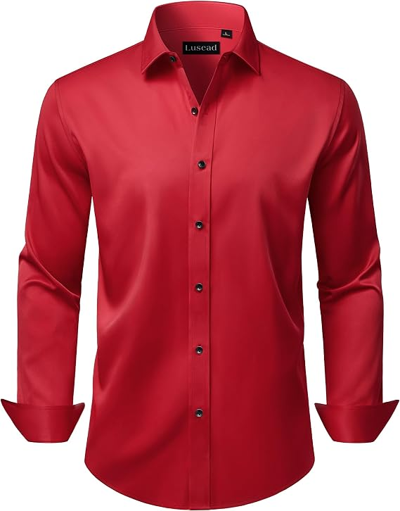 Red formal button up, black buttons, dress shirt, men's