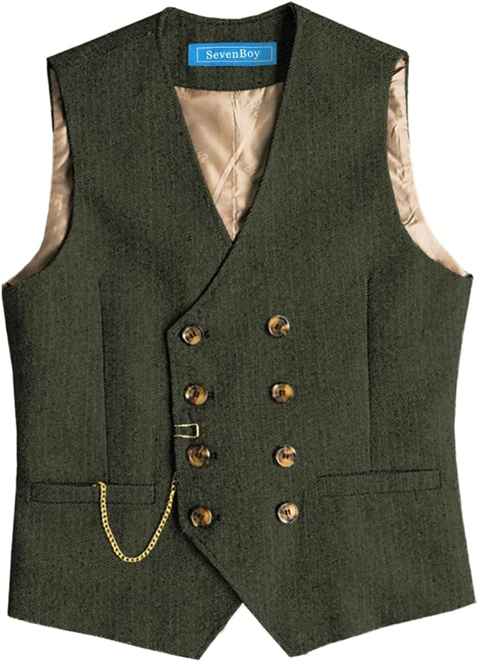 tweed vest, double button lapel, chain in pocket