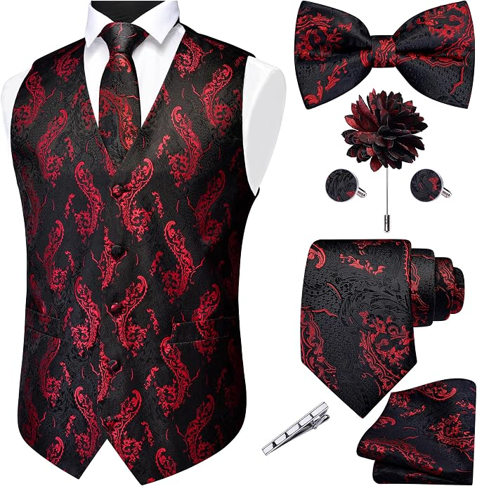 Vest, Jacquard Tie, Bow tie Hanky Lapel Pin Cufflinks Set 7PCS black and red paisley