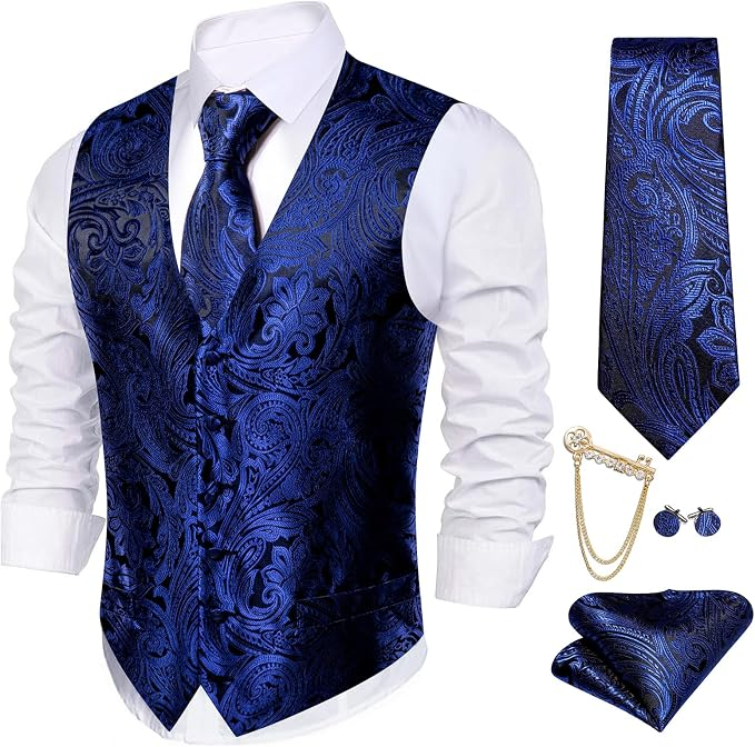 Men's Formal Vest Jacquard Silk Ties Suit Waistcoat 5PCS, blue and black paisley