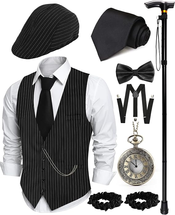 Roaring 20s Costumes for Men 1920s Mens Outfit with Walking Cane Vest Hat 1920 Mens
