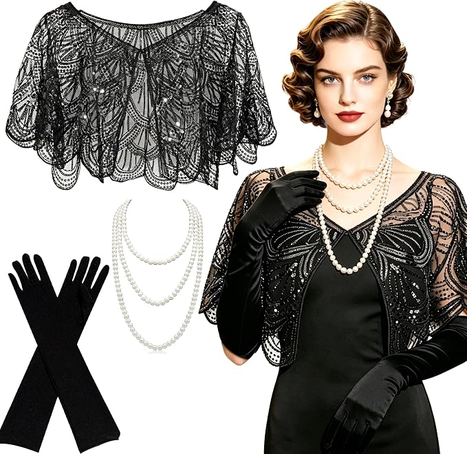 1920s Sequin Shawl Wraps Silk Gloves Necklace Gatsby Accessories