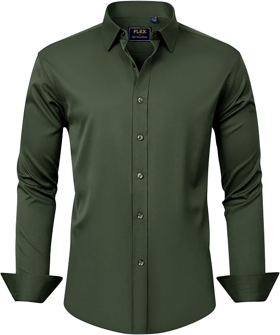 Men's Dress Shirts Solid Long Sleeve Stretch Wrinkle-Free Formal Shirt army green